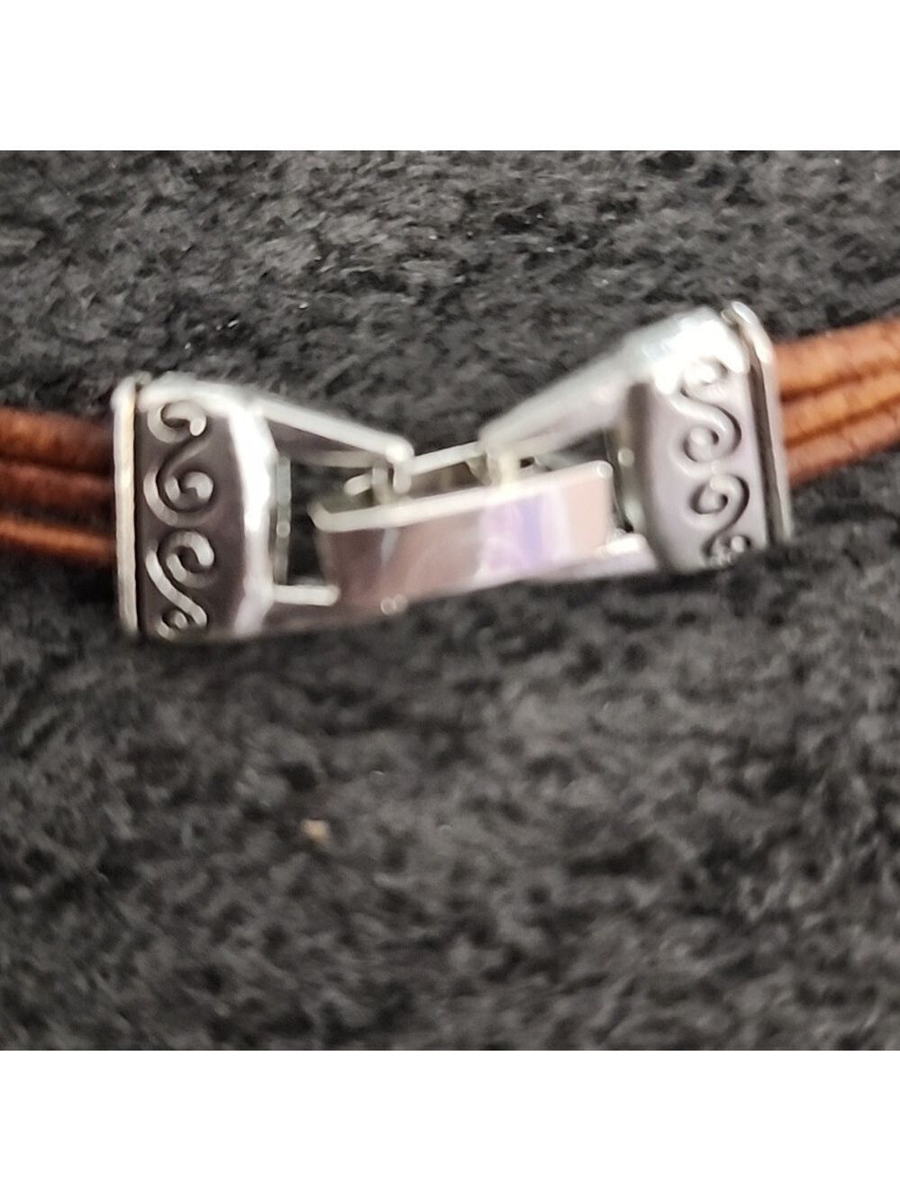 Silvertone Flower Bracelet Brown Cord - Picture 5 of 6